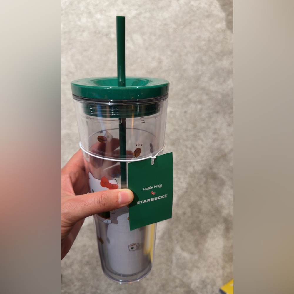 Starbucks Clear Tumbler with Green Lid and Hello Kitty Design
